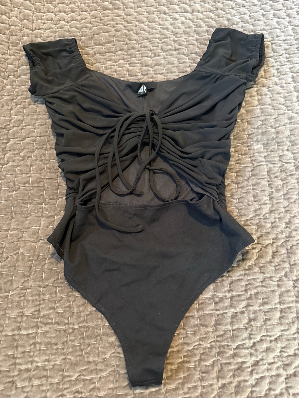 Women’s Black Ruched Front Bodysuit with Adjustable Tie